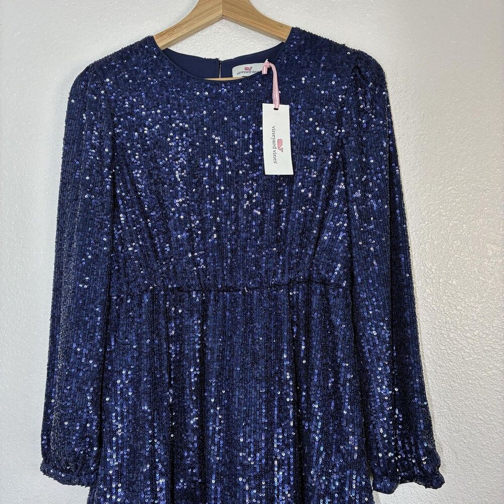 Vineyard Vines Dress Girls L Blue Sequin Fit & Flare Tiered Long Sleeve Party - Picture 4 of 16